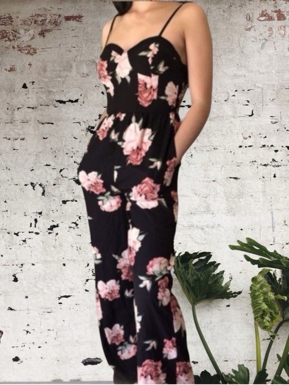 Band of Gypsies Black Floral Spaghetti-Strap Jumpsuit